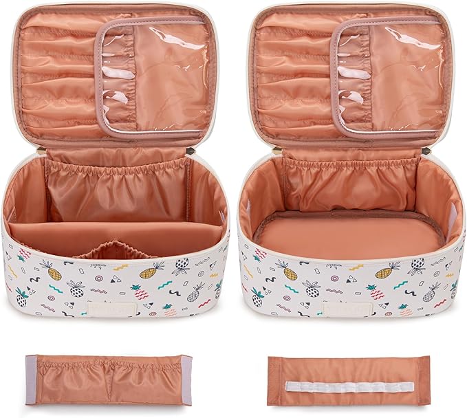 Montana West X Wrangler Travel Makeup Bag 2pcs Set Large Cosmetic Bag with Makeup Brush Holder Portable Make Up Organizer Cute Toiletry Bag with Divider and Handle for Women Beige