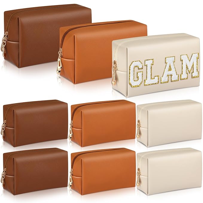 Sanwuta 9 Pcs Makeup Bags Bulk PU Double Zippers Cosmetic Bag Makeup Toiletry Christmas Small Pouch Portable Travel Organizers Case for Women Bridesmaid Party End of The Year(Brown Series)