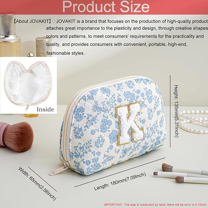 JOVAKIT Conch Alphabet Makeup Bag Cosmetic Bag for Women, Christmas Gifts for Women Girls, Blue Floral Coquette Travel Bag, Zipper Make Up Pouch Organizer Trendy Stuff (Blue Floral K)