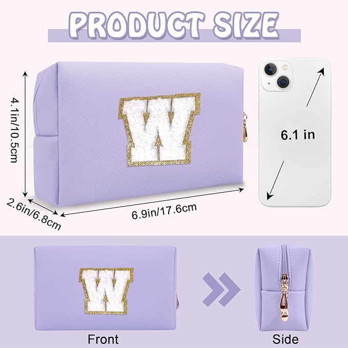 Small Travel Initial Preppy Makeup Bag, Chenille Letter Cute Purple Cosmetic Organizer Toiletry Zipper Pouch, Waterproof Make Up Case Storage Personalized Wedding Gift for Brides Bridesmaids(Letter W)