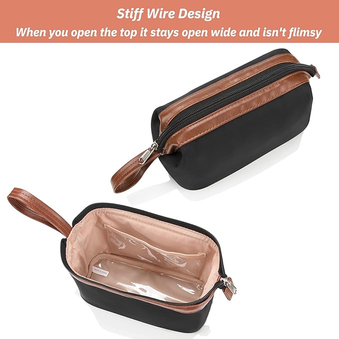 OCHEAL Travel Makeup Bag, Small Cosmetic Bags for Women,Large Capacity Portable Cosmetic bag Storage Organizer for Purse Everyday Use (Small,Black-Brown)