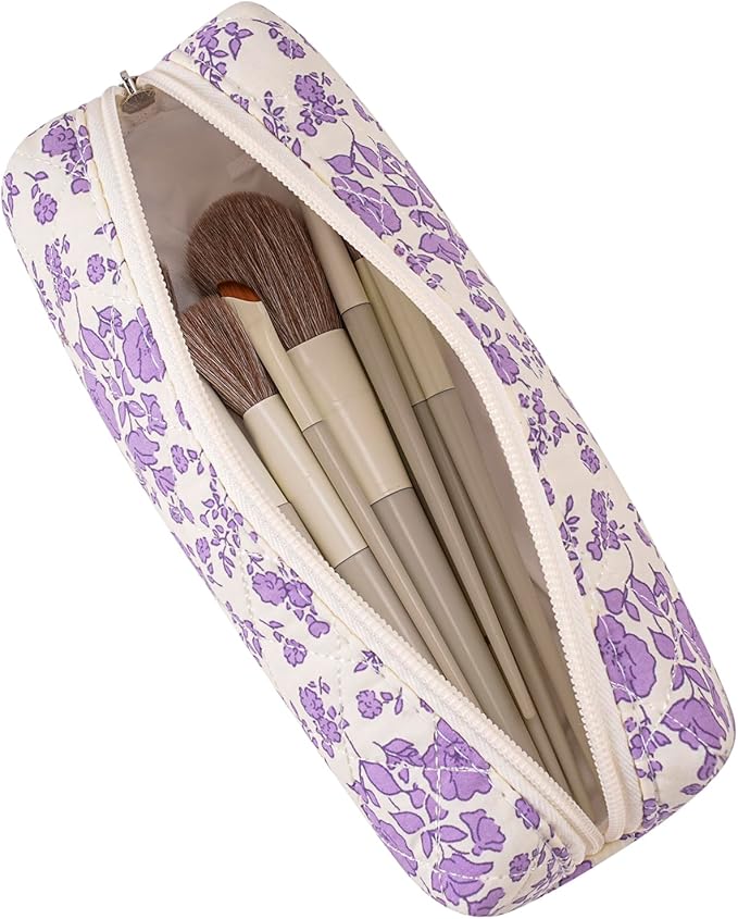 Cute Floral Cotton Makeup Brush Cosmetic Bag for Women, Travel Quilted Zipper Make Up Bag, Flowers Toiletry Organizer Case Kawaii Makeup Cosmetic Travel Cloth Pouch (Big Purple Floral)