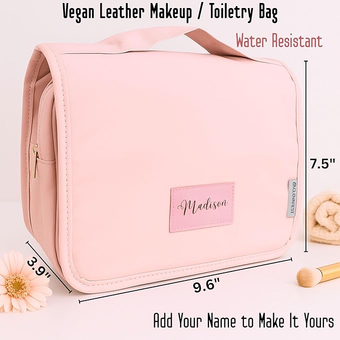 Custom Travel Toiletry Bag for Women, Personalized Vegan Leather Makeup Bag with Hanging Hook, Unique Bridesmaid Gifts, Wedding Gifts, Travel Containers, Womens gifts for Birthday