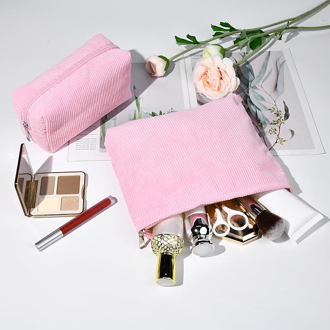 SOIDRAM 2 Pieces Makeup Bag Large Corduroy Cosmetic Bag Capacity Canvas Mix Travel Toiletry Bag Organizer Cute Makeup Brushes Aesthetic Accessories Storage Bag for Women,Corduroy Mix Hot Pink