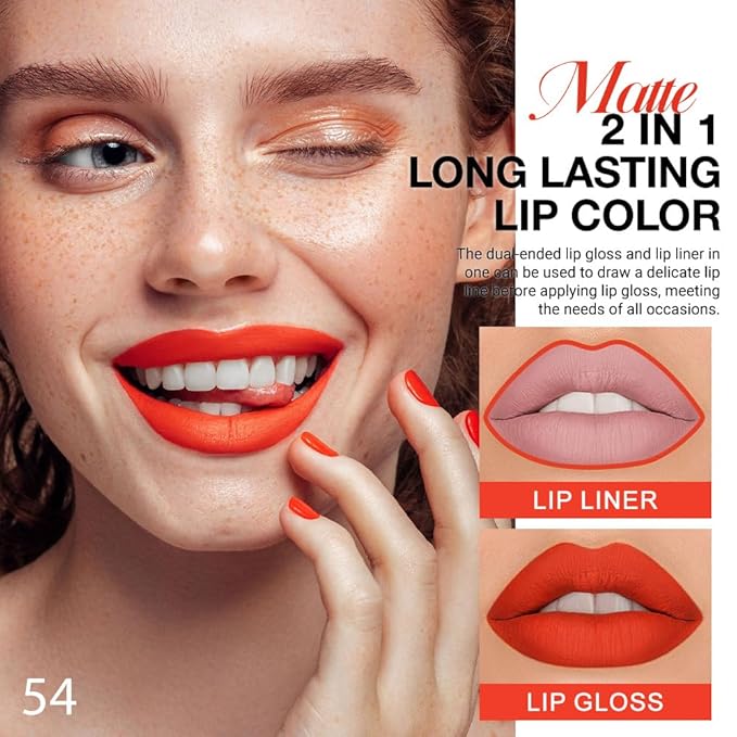 1Pcs 2 in 1 Orange Red Matte Lip Liner and Liquid Lipstick Stain Makeup Set for women, Orange Red Long Lasting Smudge Proof Lip Tint Matte Finish Lip Gloss for All-Day Color Hold Easy to Use 54#