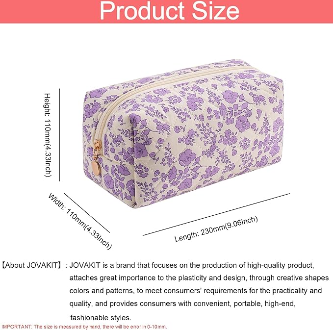 JOVAKIT Square Makeup Bag Cute Cosmetic Bag for Women, Floral Coquette Aesthetic Toiletry Bag, Zipper Make Up Pouch, Travel Make Up Organizer Bag (Big Purple Floral)