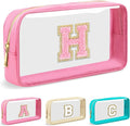 Personalized Initial Letter Clear Makeup Bag,Preppy Small Nylon&PVC Cosmetic Zipper Bag with Chenille Letter,Portable Beach Travel Skincare Toiletry Bag,Trendy Monogram Gift for Teen Girls Women,H