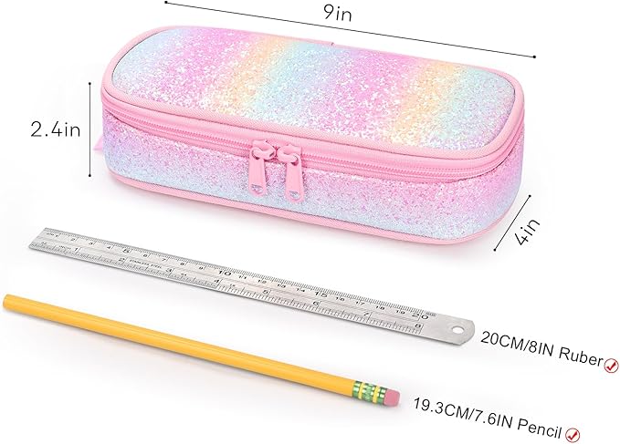 mibasies Girls Pencil Case for Kids, Multi-Slot Pencil Pouch, Pink Blue Rainbow