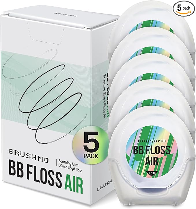 Brushmo Black Floss Air (BB Floss Air) - Ultra Soft & Thin Expanding Gum-Friendly Soothing Mint Dental Floss, Natural Wax Helps Remove Plaque from Teeth, Dentist Designed PTFE & PFAS Free, 275 yd