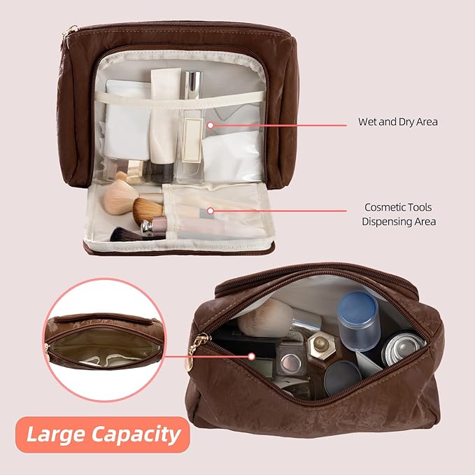 Cosmetic Bag Travel Makeup Bag Large Capacity Small Travel Zipper Pouch Makeup Organizer Bag for Women (Brown-2 Pack)