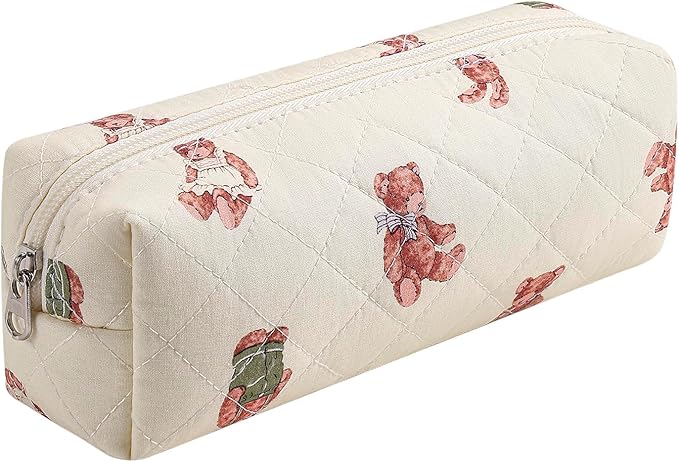 Cute Floral Cotton Makeup Brush Cosmetic Bag for Women, Travel Quilted Zipper Make Up Bag, Flowers Toiletry Organizer Case Kawaii Makeup Cosmetic Travel Cloth Pouch (Rabbit Bear)