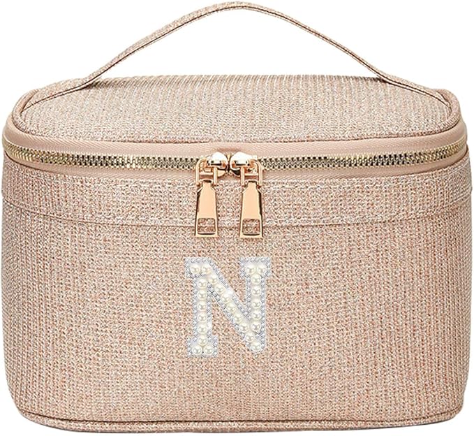 EURYNOME Makeup Bag with Custom Letter N, Water-Resistant Travel Organizer Pouch, (8.3x5.1x5.1 Inch) Cosmetic Case for Women