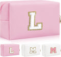Iqimott Personalized Initial Letter Patch Makeup Bag, Preppy Portable Chenille Letter Cosmetic Bag with Zipper, PU Leather Waterproof Travel Toiletry Bag Monogram Make Up Pouch Girls(Letter L)
