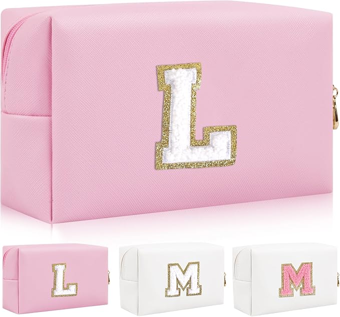 Iqimott Personalized Initial Letter Patch Makeup Bag, Preppy Portable Chenille Letter Cosmetic Bag with Zipper, PU Leather Waterproof Travel Toiletry Bag Monogram Make Up Pouch Girls(Letter L)