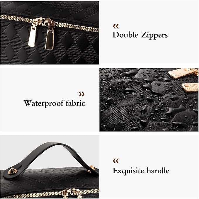 Abiudeng Travel Makeup Bag,Large Capacity Toiletry Bag Cosmetic Bags for Travel Essentials,Waterproof Portable Pouch Open Flat Makeup bag Organizer with Divider and Handle-black rhombus