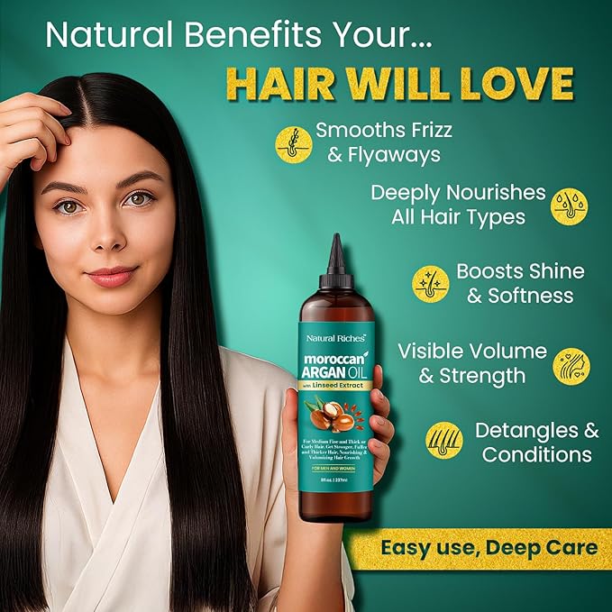 Natural Riches Moroccan Argan Oil with Linseed Extract, Hair Treatment for All Hair Types, Smooths frizz, detangles, conditions and boosts shine 8 Fl Oz