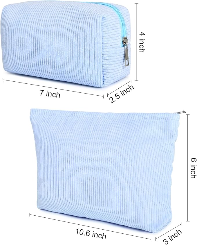 SOIDRAM 2 Pieces Makeup Bag Large Corduroy Cosmetic Bag Capacity Canvas Mix Travel Toiletry Bag Organizer Cute Makeup Brushes Aesthetic Accessories Storage Bag for Women, Corduroy Mix Blue