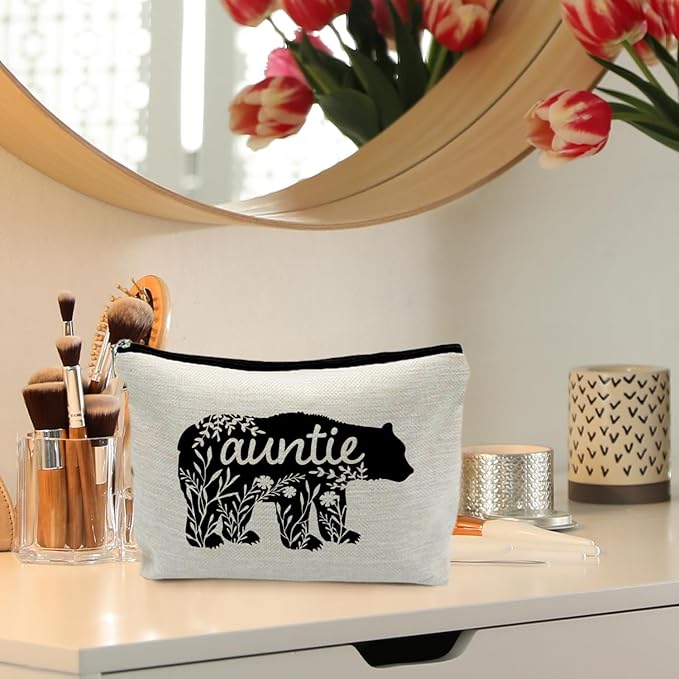 Floral Aunt Makeup Bag - Funny Aunt Gifts from Niece Nephew, Best Auntie Gift - Cosmetic & Toiletry Bag for Women