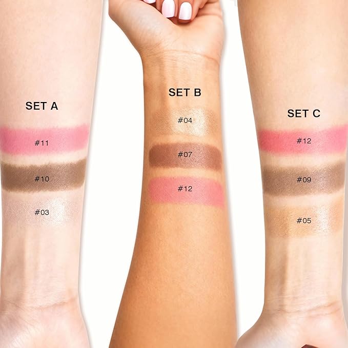 3Pcs Cream Contour Sticks, Shades with Highlighter & Bronzer & Blush, Makeup Kit for Sculpt the Cheeks Long Lasting Dewy & Matte Finish Lightweight Face Contouring Pen LIGHT MEDIUM (SET-C)