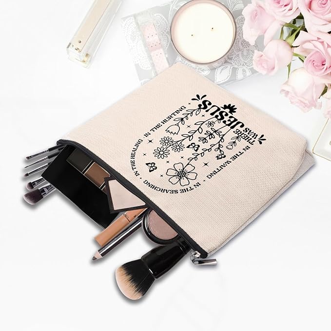 Boho Floral Christian Makeup Bag, Christian Gifts for Women, Bible Stuff Prayer Supplies, There Was Jesus Cosmetic Bag Pouch