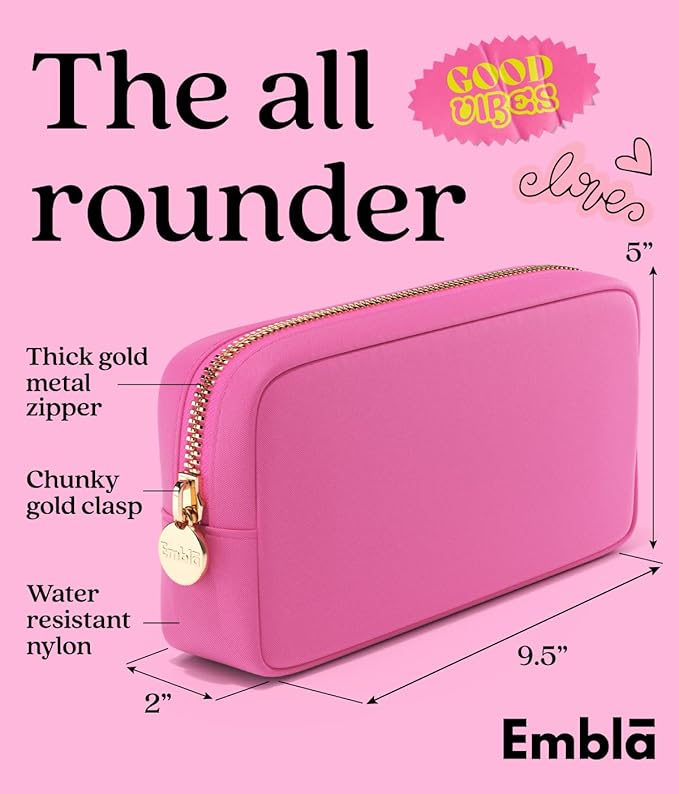 Embla Makeup Bag Travel Cosmetics Pouch and Toiletry Bag, Nylon Zipper Pouch Purse, Cute Make Up Organizer Storage Tote for Women Girls, Travel Skincare Case, Small Makeup Bags,Bubblegum