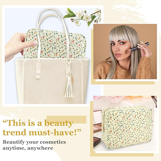 Nylon Large Floral Makeup Organizer Bag, Preppy Big Cute Flower Cosmetic Zipper Pouch Multi-compartment with Dividers, Waterproof Toiletry Make Up Bag Travel Essentials for Women(Light Yellow-Flower)