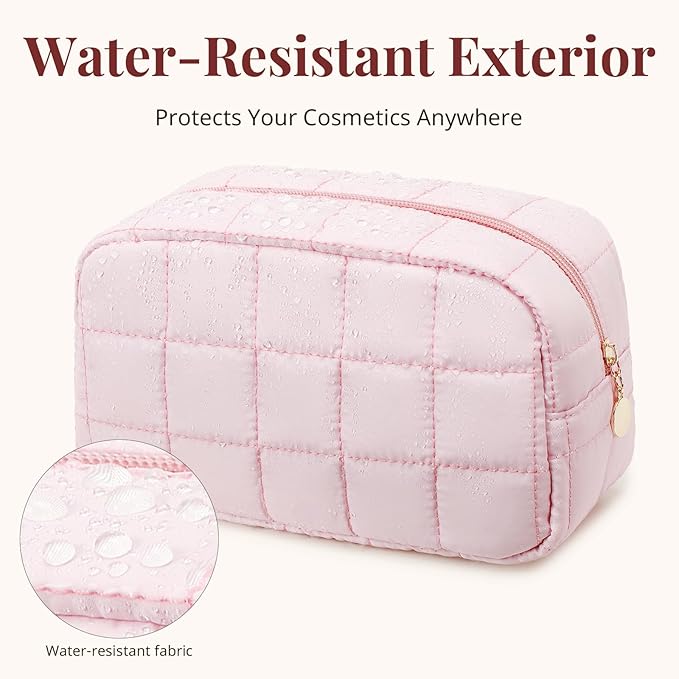 Makeup Bag for Women, Travel Cosmetic Bag Organizer with Compartments, Quilted Puffy Toiletry Pouch for Brushes, Essentials and Accessories, Camel