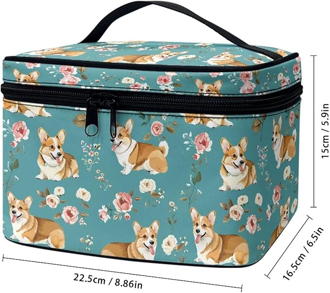 JoyLamoria Corgi Floral Makeup Bag Handbag Tote Bag Casual Cute Cosmetic Bag Brush Bag Toiletry Bag