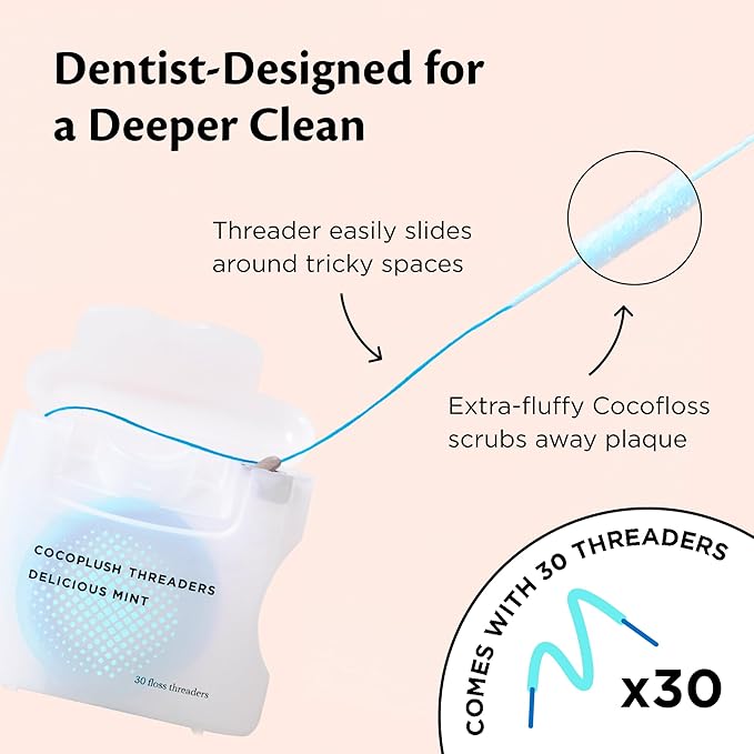 Cocofloss CocoPlush Threaders, Dental Floss for Implants, Bridges, and Braces, Mint, Waxed, Dentist-Designed Oral Care with Coconut Oil, 30 Per Pack