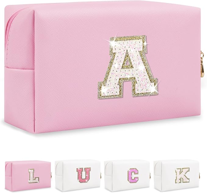 Personalized Initial Makeup Bag, Preppy Glitter Letter Patch Cosmetic Pouch, PU Waterproof Travel Toiletry Bag, Cute Makeup Organizer, Monogrammed Gift for Women Girls (Letter A)