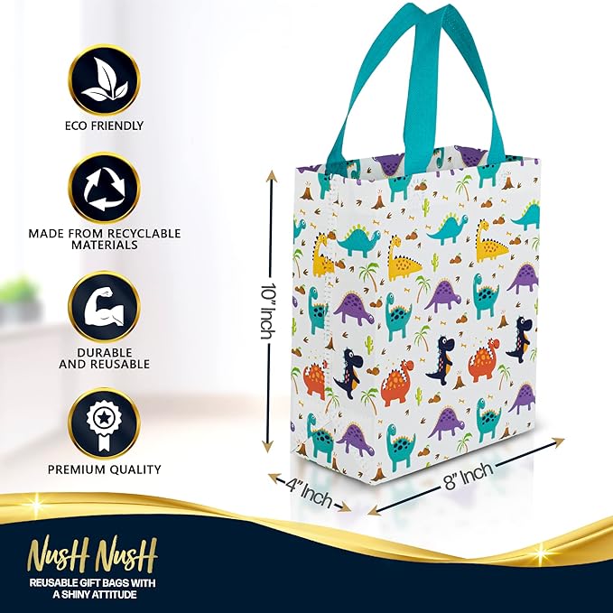 Nush Nush Dinosaur Gift Bag Medium Size – Set of 12 Dinosaur Goodie Bag With Handles, Reusable Gift Bags for Kids - For Dino Party Favors, Party Favor Bags for Kids Birthday - 8"x4"x 10" Size