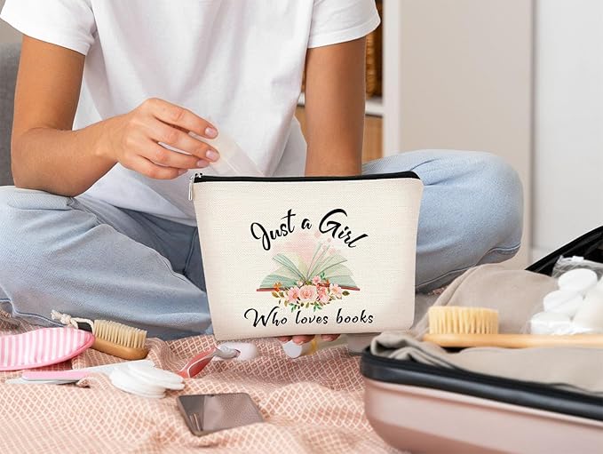 Book Lovers Gifts Small Makeup Bag, Bookish Gifts for Book Lovers for Women Cosmetic Bag, Birthday Gift Ideas for Reader Just A Girl Who Loves Books
