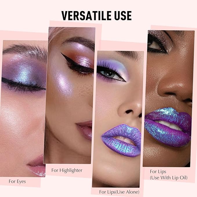 Glitter Lipstick Makeup, Rose Purple Holographic Metallic Lip Stick Long Lasting Lightweight Non-Sticky Hydrating Lip Tinted Full Coverage High-Shine Sparkling Chameleon Lipstick for Women