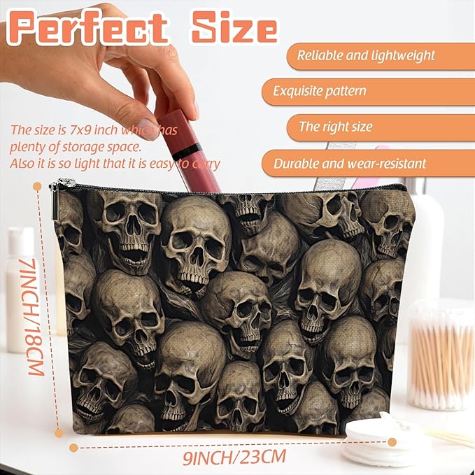 Makeup Bag Travel Cosmetic Bags Small Makeup Case Waterproof Zipper Pouch for Women Girls 7X9inches - Array of Human Skulls in A Dark Setting