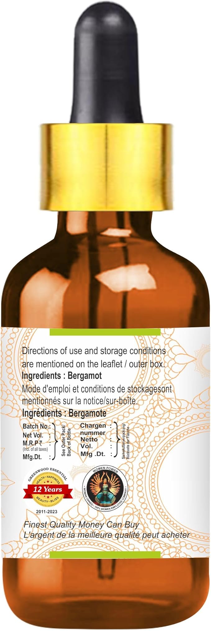 Greenwood Essential Pure Bergamot Essential Oil (Citrus bergamia) with Glass Dropper Steam Distilled (Pack of Two) 100ml X 2 (6.76 oz)