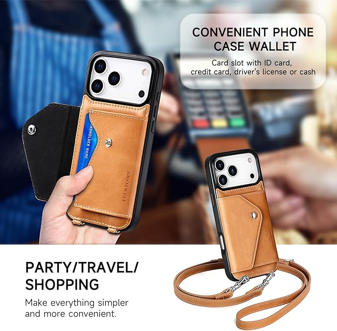 LUCKYCOIN Crossbody Wallet Phone Case for iPhone 17 Pro Max,100% Genuine Leather Wallet Phone Case with Expandable Flip Card Holder,Phone Purse for Women with Adjustable Removable Strap - Brown