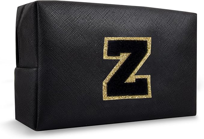 Small Initial Preppy Makeup Bag Cosmetic Case, Personalized Cute Black Chenille Letter Travel Toiletry Zipper Pouch, Waterproof PU Leather Make Up Organizer Gifts for Women Girl Female Mom(Letter Z)