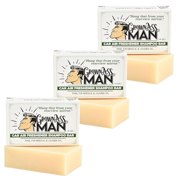 Grown Ass Man Co. - Solid Shampoo Bar Rich Lather 3 in 1: Hair, Beard & Body Wash - Plastic Free & Eco-Friendly, Natural & Organic for All Hair Types, 4oz Bar (Car Air Freshener, 3-Pack)