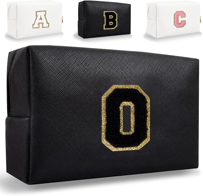 Small Personalized Letter Makeup Bag, Cute PU Leather Chenille Letters Cosmetic Bag Travel Makeup Pouch, Preppy Travel Organizer Zipper Pouch for Women&Girls（Black-O）