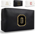Small Personalized Letter Makeup Bag, Cute PU Leather Chenille Letters Cosmetic Bag Travel Makeup Pouch, Preppy Travel Organizer Zipper Pouch for Women&Girls（Black-O）