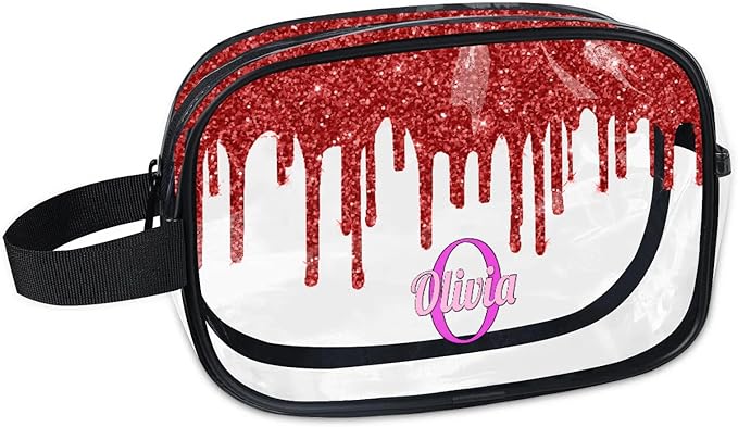 Personalized Travel Cosmetic Bag Waterproof Makeup Bags, Custom Name Clear PVC Organizer Case Toiletries Container Bag, Water Fluid Red Sequins