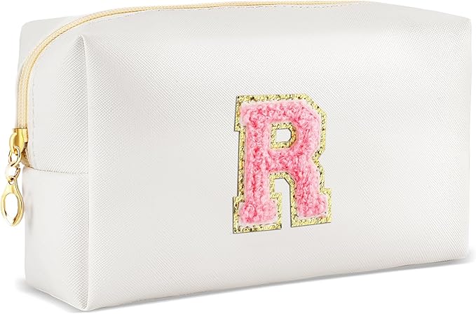 Initial Makeup Bag Personalized Preppy Travel Small Cosmetic Bag Cute PU White Chenille Letter Makeup Pouch for Purse Waterproof Zippered Toiletry Organizer for Women Girls Kids Friends (R)