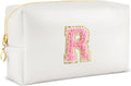 Initial Makeup Bag Personalized Preppy Travel Small Cosmetic Bag Cute PU White Chenille Letter Makeup Pouch for Purse Waterproof Zippered Toiletry Organizer for Women Girls Kids Friends (R)