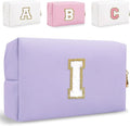 Small Personalized Letter Makeup Bag, Cute PU Leather Chenille Letters Cosmetic Bag Travel Makeup Pouch, Preppy Travel Organizer Zipper Pouch for Women&Girls（Purple-I）