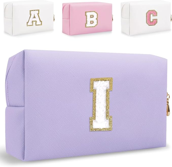 Small Personalized Letter Makeup Bag, Cute PU Leather Chenille Letters Cosmetic Bag Travel Makeup Pouch, Preppy Travel Organizer Zipper Pouch for Women&Girls（Purple-I）