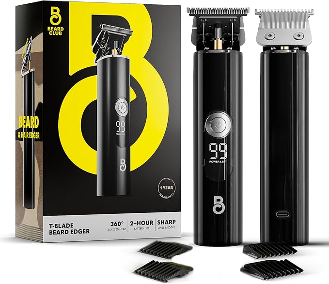 The Beard Club Professional T-Blade Beard Trimmer for Men LT - Barber Electric Shaver, Mustache & Hair Clippers for Men Zero Gapped Cordless Buzzer Hair Trimmer & T Liner - Edger Line Up Grooming Kit
