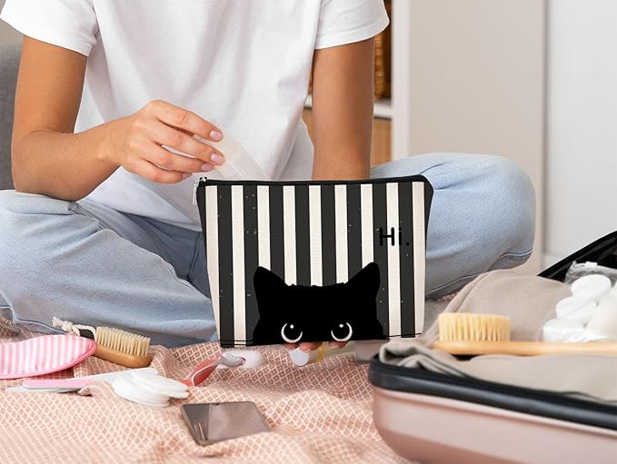 Striped Cat Makeup Bag - Small Cute Cosmetic Bag for Women & Teen Girls - Black Cat Purse Gift for Cat Lovers & Owners
