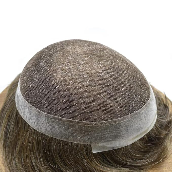 FACE MIRACLE Hair System for Men French Lace Mens Toupee Human Hair Replacement System Lace with PU Toupee for Men Male Hair Piece Wigs 6"X8" #740 7# VERY LIGHT BROWN WITH 40% SYNTHETIC GREY