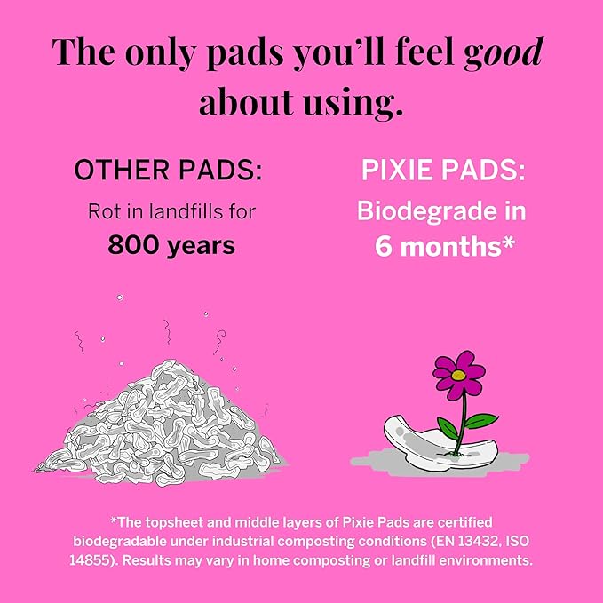 Pixie Organic Cotton Overnight Pads for Women - Extra Heavy Absorbency with Wings - Leak-Proof, Hypoallergenic & Unscented for Feminine Care - Compostable, Biodegradable - 12 Count