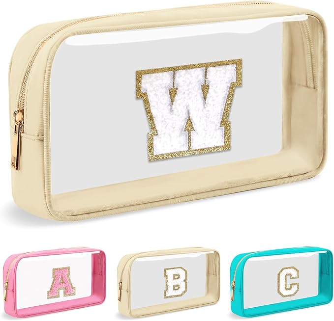 Personalized Initial Letter Clear Makeup Bag,Preppy Small Nylon&PVC Cosmetic Zipper Bag with Chenille Letter,Portable Beach Travel Skincare Toiletry Bag,Trendy Monogram Gift for Teen Girls Women,W